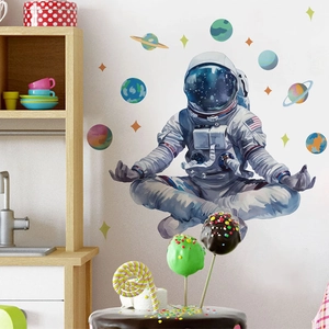 Astronaut meditating wall stickers with planets for kids room bedroom art decoration
