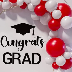 Graduation balloon arch kit with red and white balloons and Congrats Grad sign