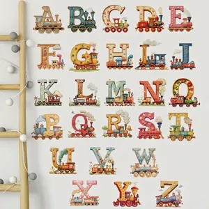 Cartoon train alphabet wall stickers for kids bedroom featuring 26 colorful ABC letters