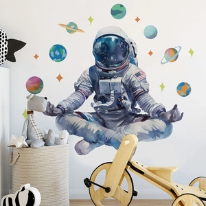 Astronaut and solar system planets wall decal for kids room decor with watercolor art style