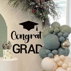 Minimalist black Graduation wall decal with Congrat GRAD text and cap for party decor