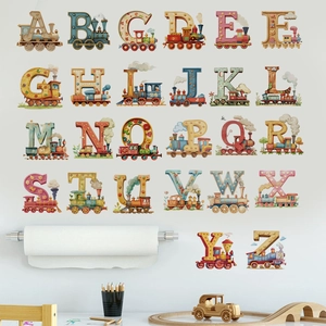 Cartoon steam train alphabet wall stickers for nursery decor featuring letters A to Z