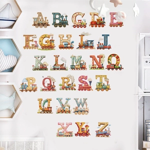 Cartoon train alphabet wall stickers with 26 letters for kids' room education decor