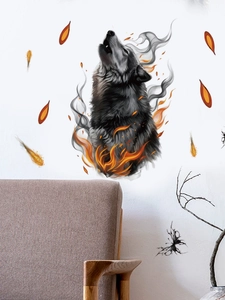 Detailed wall sticker view of a howling black wolf silhouette with fire and smoke effects
