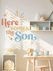 Detail of Here Comes The Son wall decal with sun and stars in a sunlit nursery room