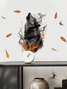 Artistic wolf wall decal with flame and smoke design on a living room wall