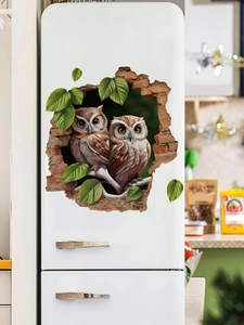 3D Eulen Wandsticker Detail mit realistischen Eulen auf Backsteinwand und Blättern