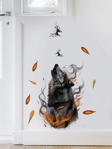 Detail of artistic howling wolf wall sticker with realistic fire and falling red leaves
