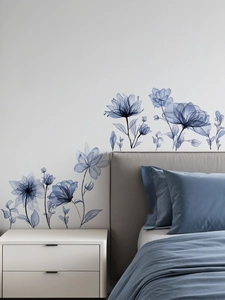 Indigo blue floral watercolor wall sticker set for modern bedroom headboard decoration