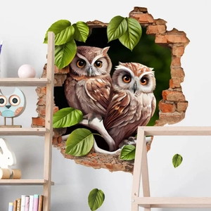 3D Wandtattoo Eule Durchbrochene Wand PVC Grüne Blätter Selbstklebend Für Kinderzimmer Schlafzimmer Home Decor Wandkunst