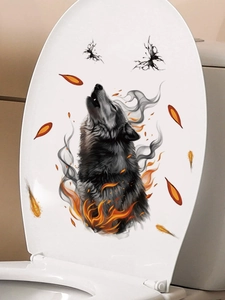 Detail showing howling wolf vinyl sticker with flames on a white toilet lid