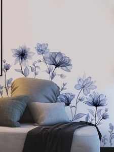 Detail of blue X-ray style floral wall sticker on a neutral living room wall