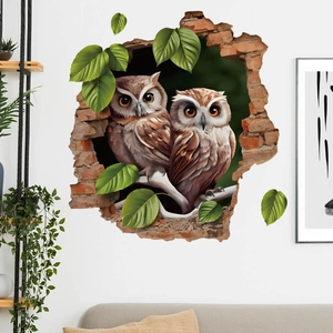 3D Wandtattoo mit Eulen hinter einer Mauer und dekorativen grünen Blättern für Wände