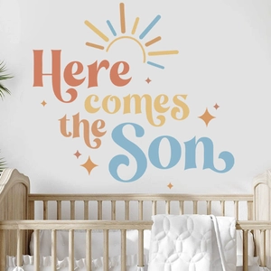 Retro Here Comes The Son baby shower wall decal with sun rays for nursery decor