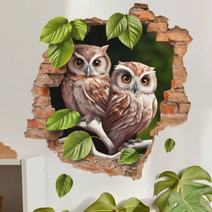 3D-Wandaufkleber mit Eulen, die durch eine kaputte Ziegelwand und Blätter blicken