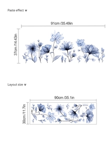 Detail showing self-adhesive blue floral wall sticker layout and applied size reference