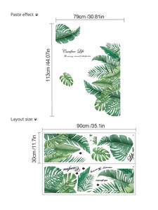 Detail showing tropical monstera leaf wall decal layout with Carefree Life text