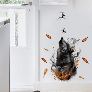 Self-adhesive black wolf wall sticker with orange fire and smoke for home decoration
