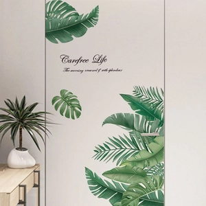 Tropical Green Plant Leaves Wall Stickers Removable PVC Palm Monstera Leaf Mural Decals With English Quotes For Home Bathroom Decor