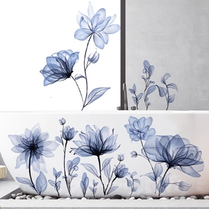 Adhesive indigo blue floral wall stickers for bathroom and bedroom minimalist decoration