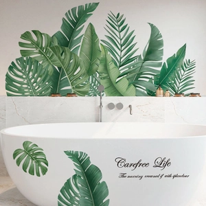 Tropical green leaves and 'Carefree Life' phrases self-adhesive wall stickers for bathroom decor