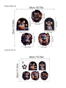 Detailed 3D cartoon mouse wall stickers layout and paste size measurements for home decor