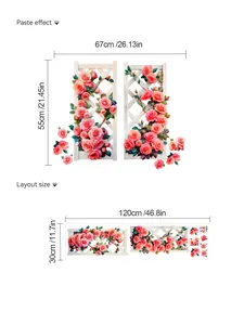 Detailed size guide for 3D rose wall decal showing layout and final paste dimensions
