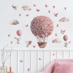 Wandtattoo Heißluftballon mit Hasen in Rosa für Kinderzimmer und Wanddekoration
