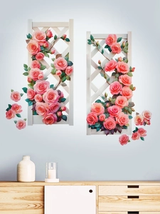 Detail view of 3D rose wall stickers with white grid design on a modern living room wall