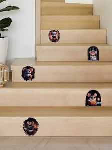 Detail of 3D cartoon mouse wall stickers on wooden stairs with realistic hole effects