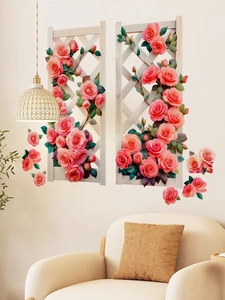 Detailed view of 3D window rose wall decals with pink flowers and white lattice design
