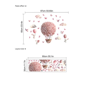 Rosa Blumen Heißluftballon und Hase PVC Wandaufkleber für Kinderzimmer Wanddekoration