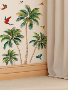 Detailed tropical palm trees and colorful parrots wall stickers for living room decor