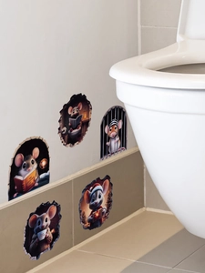 Detailed view of 3D mouse wall stickers applied to bathroom baseboards for decoration