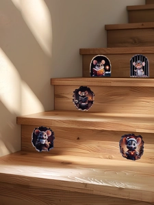 Detail of 3D mouse hole wall stickers with various cartoon scenes on wooden stairs