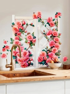 Detailed 3D pink rose wall sticker featuring blooming flowers and leaves in a kitchen setting