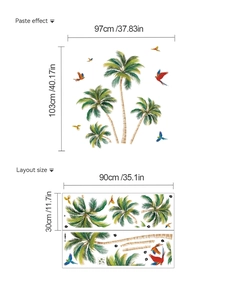 Detailed wall sticker layout and paste effect showing tropical coconut trees and parrots