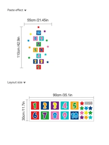 Detailed layout showing 30x90cm dimensions for hopscotch floor stickers with numbers 1 to 10