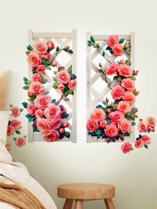 Detailed close-up of 3D window wall sticker with pink roses on white grid frames