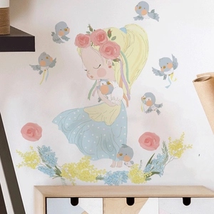 Cartoon Fairy Girl With Flower Crown Blue Birds Wall Sticker Removable PVC DIY Decal For Kids Room Nursery Bedroom Decor