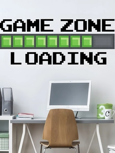 Detail of Game Zone pixel wall decal with loading bar in a modern gaming room