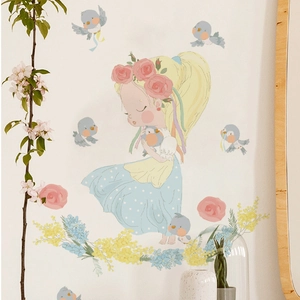 Girl and butterfly wall decal for kids room featuring blue birds and floral decorations