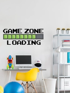 Detail of pixel-style Game Zone wall decal on a modern room wall with loading bar