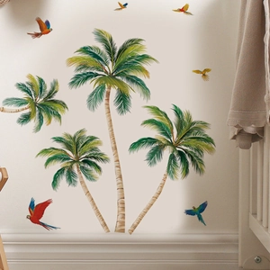 Tropical Palm Coconut Tree And Parrot Bird Wall Stickers PVC Self Adhesive Waterproof Wall Decals For Living Room Bathroom Home Decor