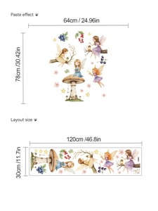 Detailed size specification for cartoon mushroom fairy wall stickers showing dimensions