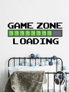 Close-up of Game Zone pixel wall sticker with loading bar on a bedroom wall