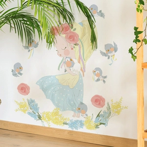 Cartoon girl and birds wall sticker with pink flowers for nursery wall decoration