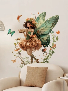 Sticker mural fée avec ailes de papillon vertes dans un décor de salon moderne