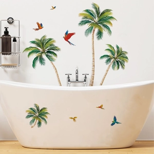 Tropical coconut palm trees and colorful parrots self-adhesive wall stickers for bathroom decor