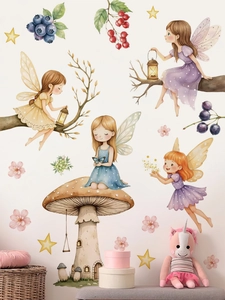 Whimsical cartoon fairy and mushroom house wall stickers on a clean nursery wall